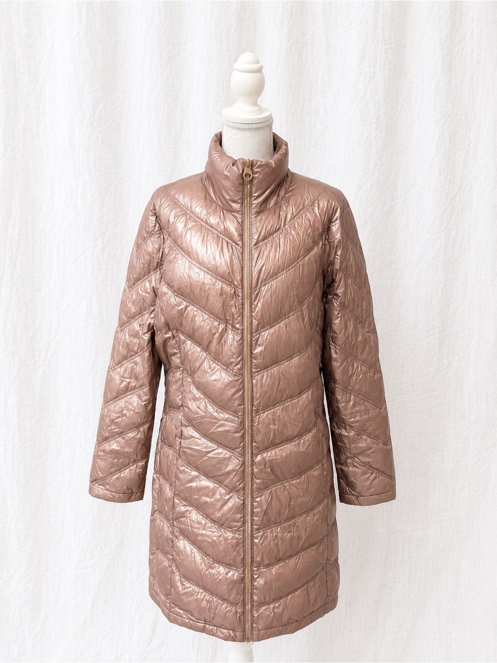 Calvin Klein Metallic Rose Gold Quilted Long Puffer Coat